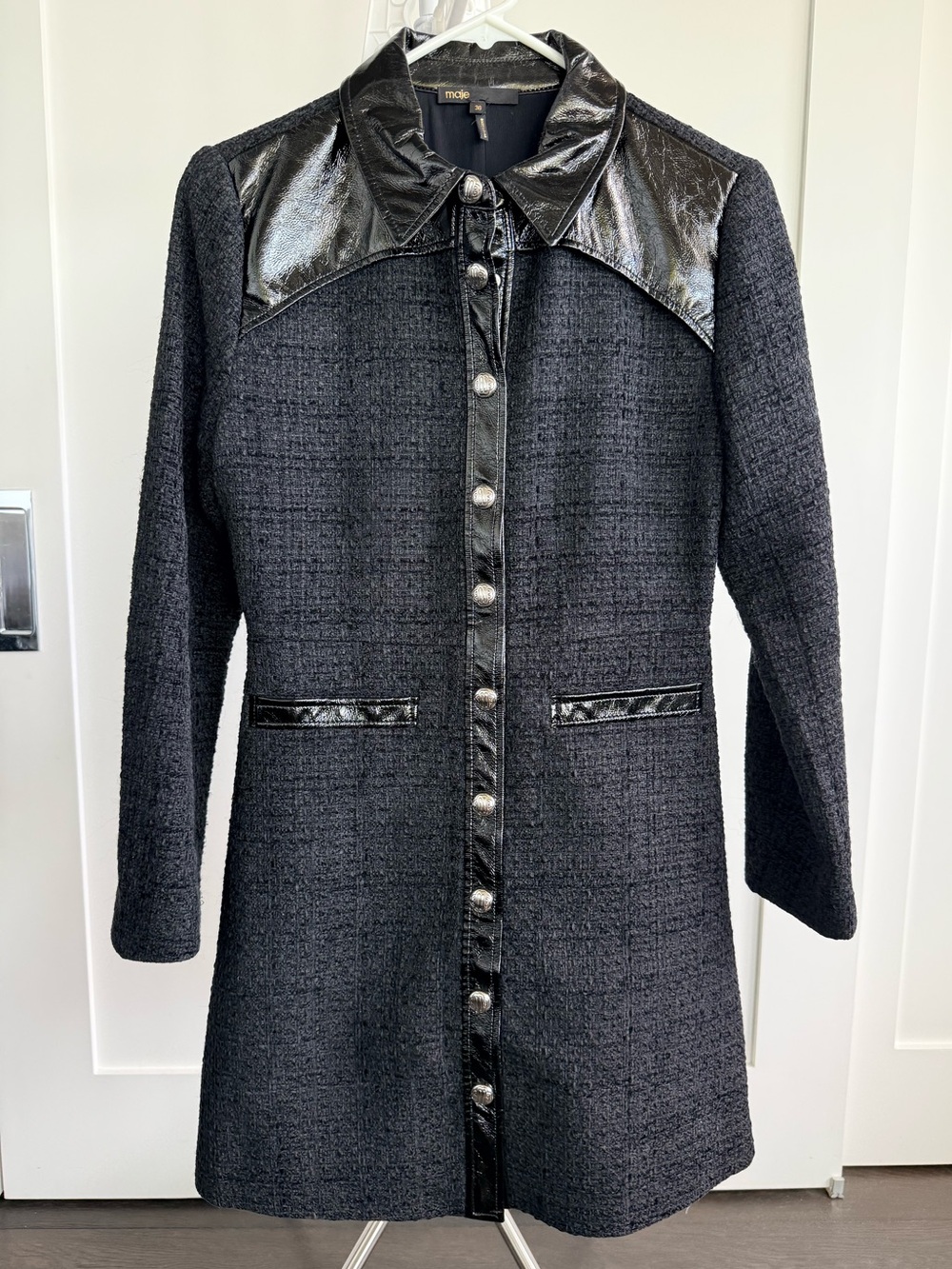 Maje Black Tweed Faux-Leather Detail Dress — Size 36 (US size S)